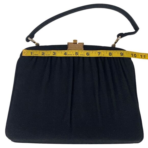 1950s Vintage Suede Handbag Gathered Fabric Clasp Gold Hardware Black VTG - Picture 10 of 14